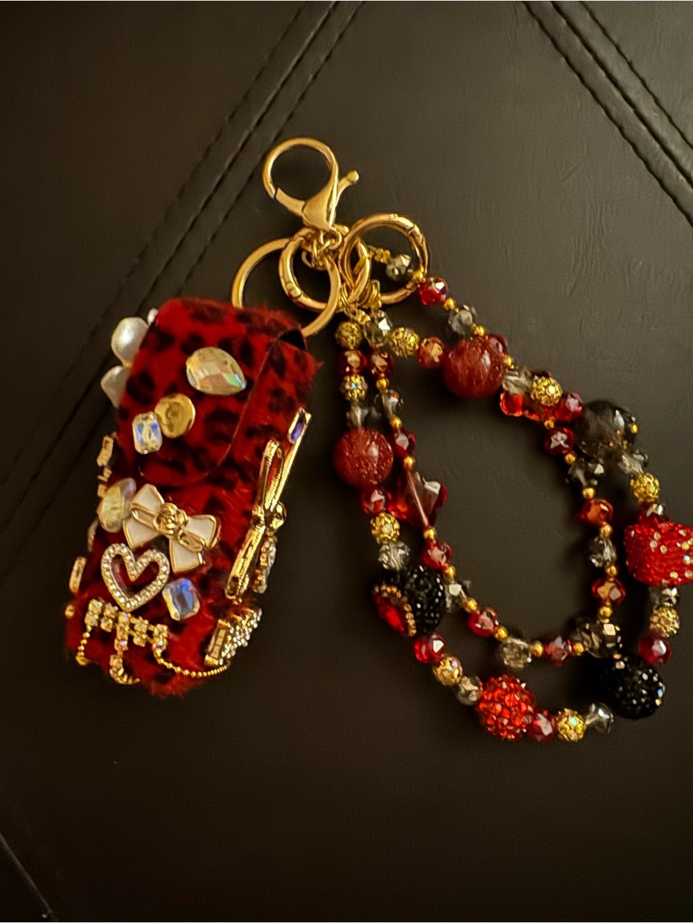 Glam Red Leopard Lipstick Case Bag Charm – Jeweled Beaded Purse Keychain